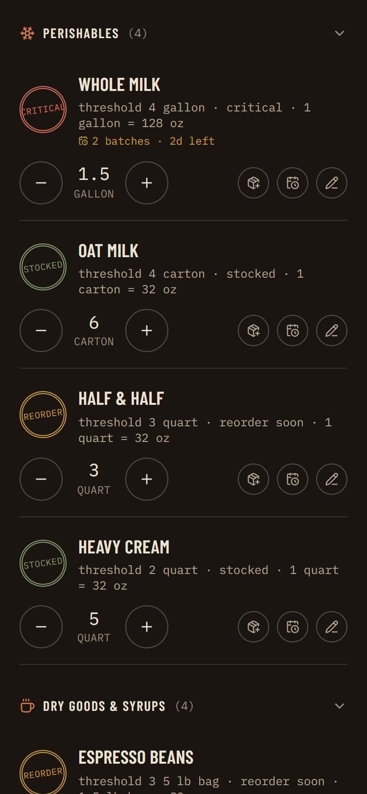 The GroundWorks inventory list on a phone: whole milk marked critical, oat milk stocked, half and half marked reorder soon, each with a colored status stamp.